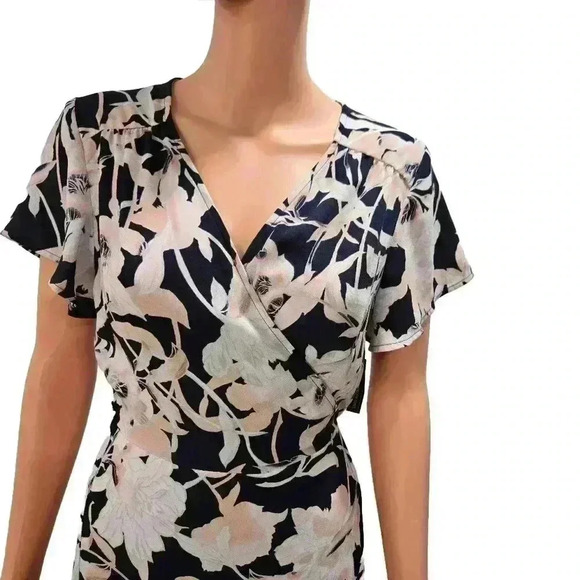 Floral Wrap Midi Dress - Navy, White, and Peach - Picture 4 of 8